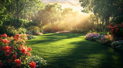 Fototapeta premium Lush backyard garden, vibrant flowerbeds, manicured lawn, golden hour sunlight, warm color palette, sun rays filtering through trees, soft shadows, colorful blooms, red and pink flowers.
