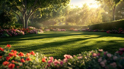 Obraz premium Lush backyard garden, vibrant flowerbeds, manicured lawn, golden hour sunlight, warm color palette, sun rays filtering through trees, soft shadows, colorful blooms, red and pink flowers.