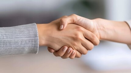 A professional woman shaking hands with a hiring manager, receiving a job offer in a meeting room