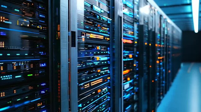 Data Flow in Data Center Storage with Blue and Orange Highlights - Cloud Computing System, Database Infrastructure Room, Cybersecurity Hosting and Support, Black Connection Racks