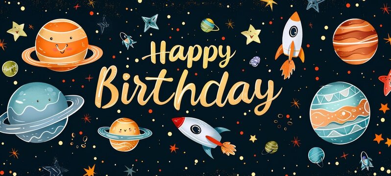Space Adventure. Galactic Birthday Bash.
A vibrant birthday greeting set in space, featuring cheerful planets and rockets. Ideal for space-themed birthday celebrations. - Powered by Adobe
