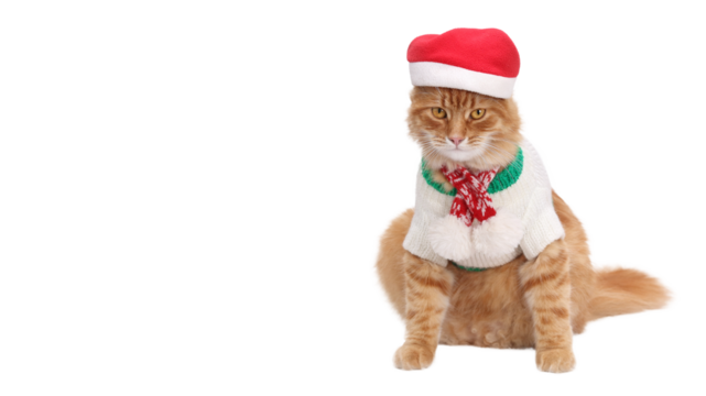 Ginger cat wearing winter sweater and scarf and Santa Claus xmas red hat.  isolated animal portrait. Christmas Cat. New Year greeting card. Funny Cat. Santa's helper. Copy space