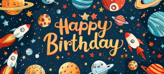 Happy Birthday in Space. Interstellar Birthday Adventure.
A delightful birthday greeting featuring a rocket and planets in a starry backdrop. Ideal for space enthusiasts and cosmic birthday themes.
