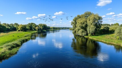 Fototapeta premium A tranquil lake reflects the vibrant green landscape and blue sky, with birds soaring above, creating a peaceful morning atmosphere in nature
