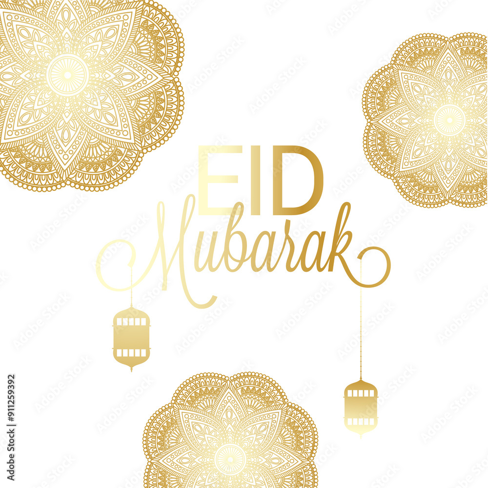 Wall mural Mandala design decorated golden stylish text Eid Mubarak with hanging lanterns decorated background.