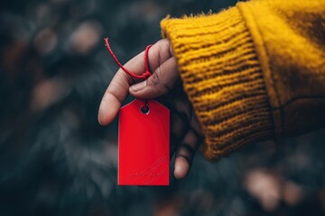 Hand holding red tag with string.