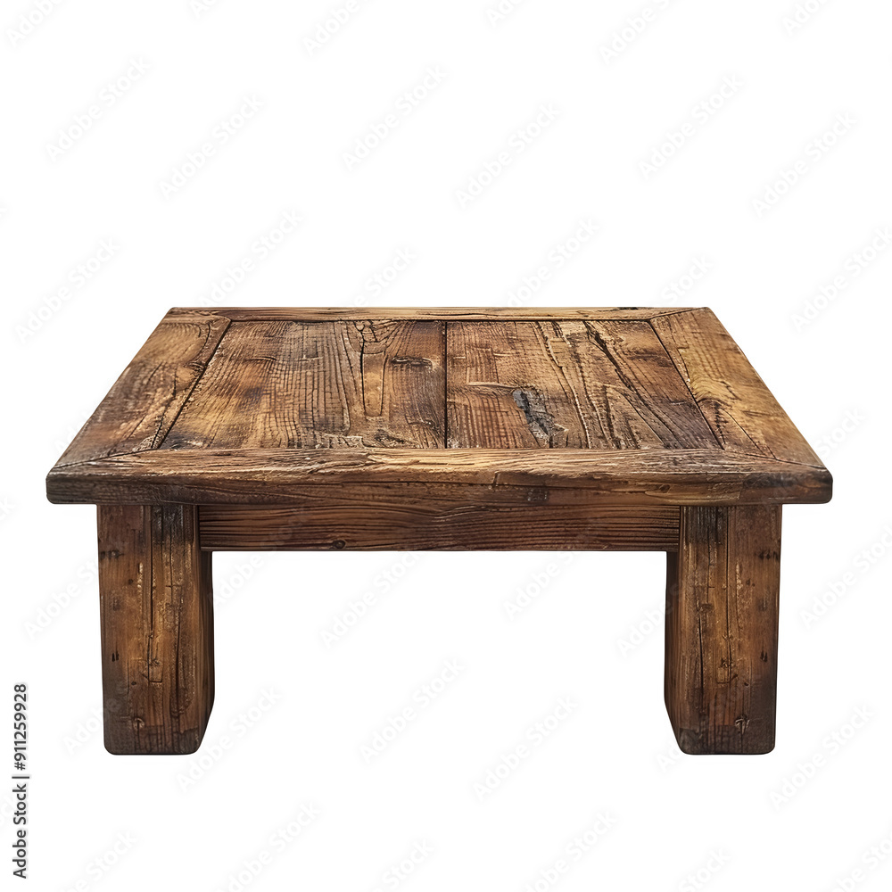 Poster rustic brown wooden coffee table with a textured surface, isolated on a transparent background in pn