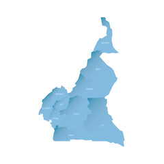 Cameroon political map of administrative divisions - regions. Shaded vector map with 3D-like blue gradient and name labels