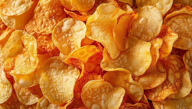 Top view crispy potato chips background
