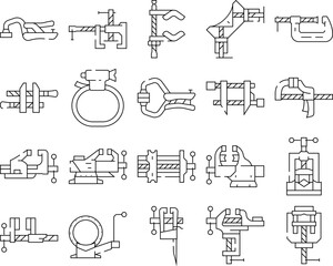 clamp vice grip tool metal icons set vector. equipment vise, steel screw, construction hold, industry compress, industrial hold clamp vice grip tool metal black contour illustrations
