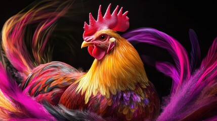 Dynamic beauty of a feather chicken amidst swirling vibrant hues of pink, yellow, and purple on a black background