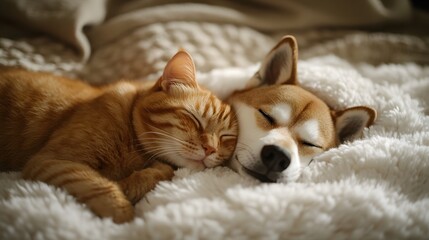 Fototapeta premium Sleeping cat and dog, cuddling together, orange tabby cat, Shiba Inu dog, white fluffy carpet, cozy atmosphere, soft natural light, warm tones, closeup shot, peaceful expressions.