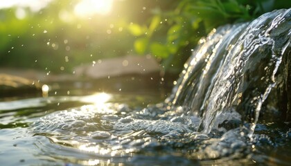 Tranquil Waterfall Glistening Under Soft Sunlight in a Lush Green Garden