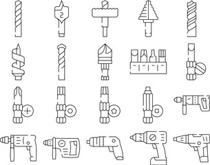 drill equipment construction icons set vector. machine power, industry work, industrial tool, drilling electric technology, repair drill equipment construction black contour illustrations