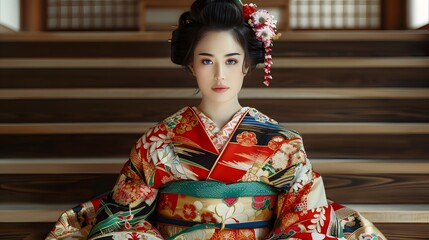 Woman in traditional Japanese kimono on a staircase