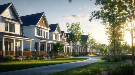 Naklejka premium Suburban neighborhood, row of houses, navy blue roofs, white siding, wooden accents, panoramic view, golden hour lighting, soft sunlight, lush green foliage, clear sky.