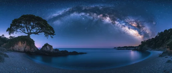 An ultra-wide image of a serene beach at night, with a clear view of the Milky Way arching over a distinct lone tree on a rugged peninsula © pimnada