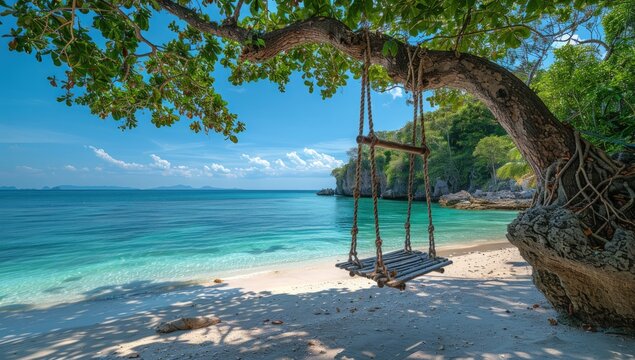 A serene tropical beach with a swing hanging from a tree.