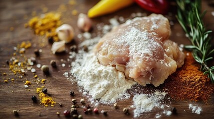 A piece of chicken, ready for cooking, dusted with flour and surrounded by different spices on a wooden surface.