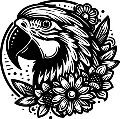 Fototapeta premium realistic black and white parote, head drawing silhouette, round folwer, art prints, parrot vector illustration