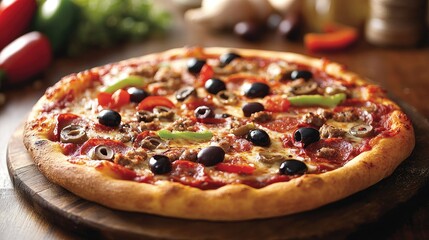 A pizza with various toppings, including olives and peppers, on a rustic wooden surface.