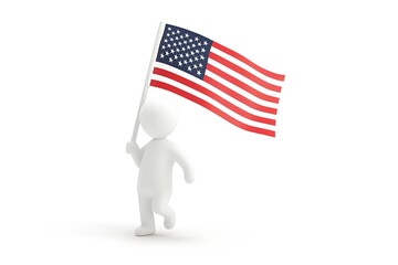 Small Person Walking with American Flag in a Hand. 3D Rendering Image