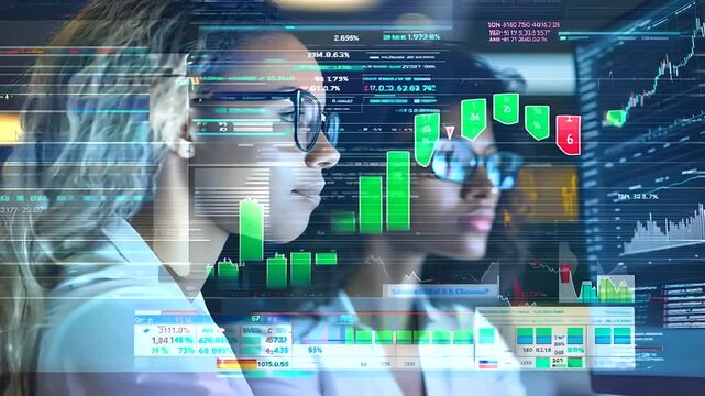 Two Businesswomen, Asian and African American, Wearing Eyeglasses - Looking at Analytics, Statistics, Graphs, and Charts on Monitor Display Screen, Performance Diagram Dashboard Information