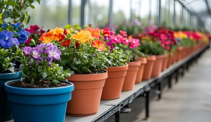 Fototapeta premium Colorful flower pots in the greenhouse with various flowers for commercial photography.
