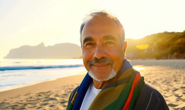 Lifestyle portrait video of a Colombian man in his 60s wearing a foulard against a beach background