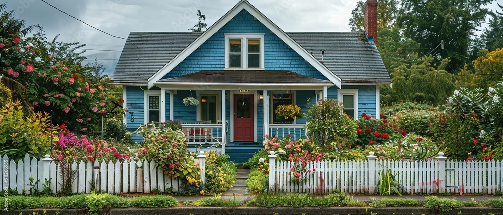 Wall mural a blue house with a white picket fence and a white door