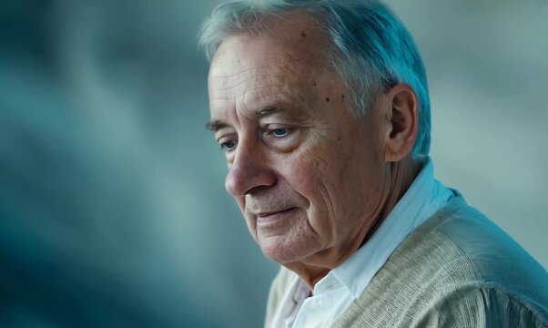 Medium shot portrait video of a Swedish man in his 70s wearing a simple tunic against an abstract background