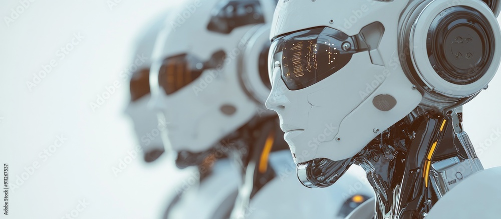 Poster 3d rendering of advanced droid robots and cyborgs in ai research for future living innovative digita
