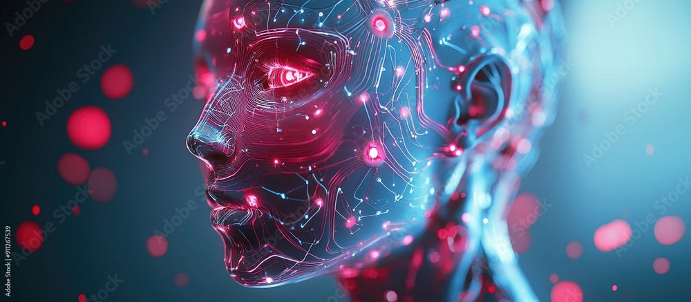 Poster 3d rendering of ai driven robot and cyborg development for future living advanced digital data minin