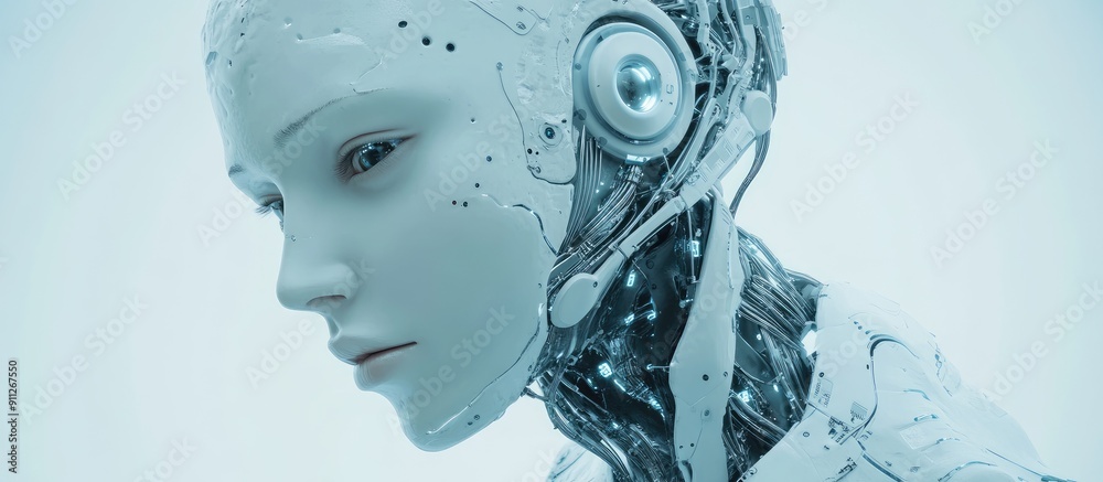 Poster 3d rendering of ai research in robot and cyborg development for future living digital data mining an