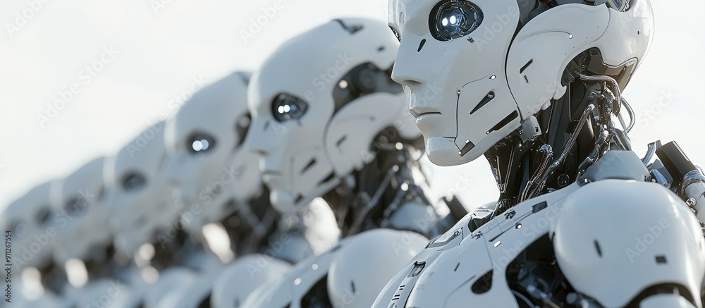 Poster 3d rendering of advanced droid robots and cyborgs in ai research for future living innovative digita