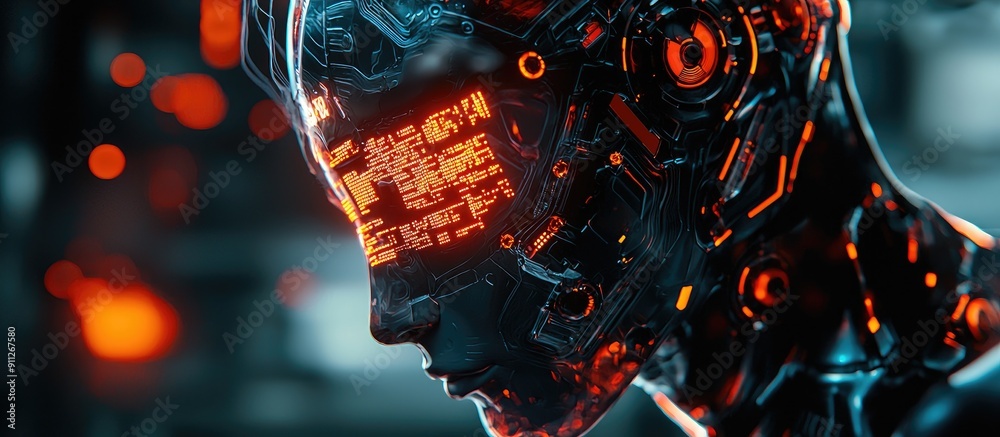 Poster 3d rendering of ai powered robotics and cyborg development for future living illustrative data minin
