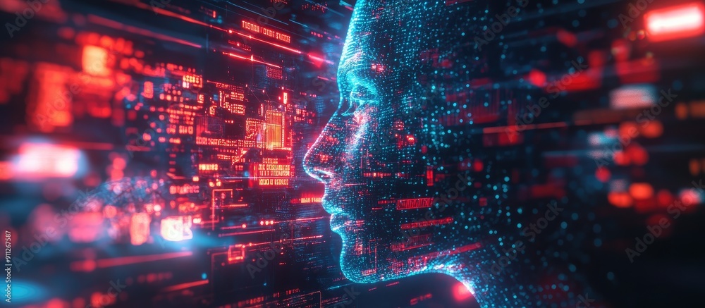 Poster 3d rendering of ai technology text featuring dynamic screen effects and visual distortions showcasin