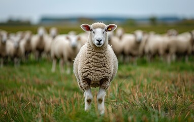 Fototapeta premium Sheep standing prominently in a green grassy pasture with a blurred flock in the background during daytime.