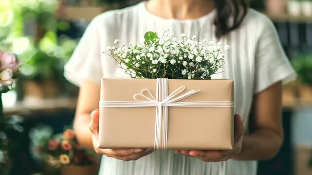 Woman with Decorated Gift Box in Flower Shop - Elegant Wrapping, Wedding Flower Arrangement, Present Idea, Supporting Small Family Business 