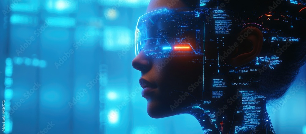 Poster 3d rendering of ai research in robot and cyborg development for future living digital data mining an
