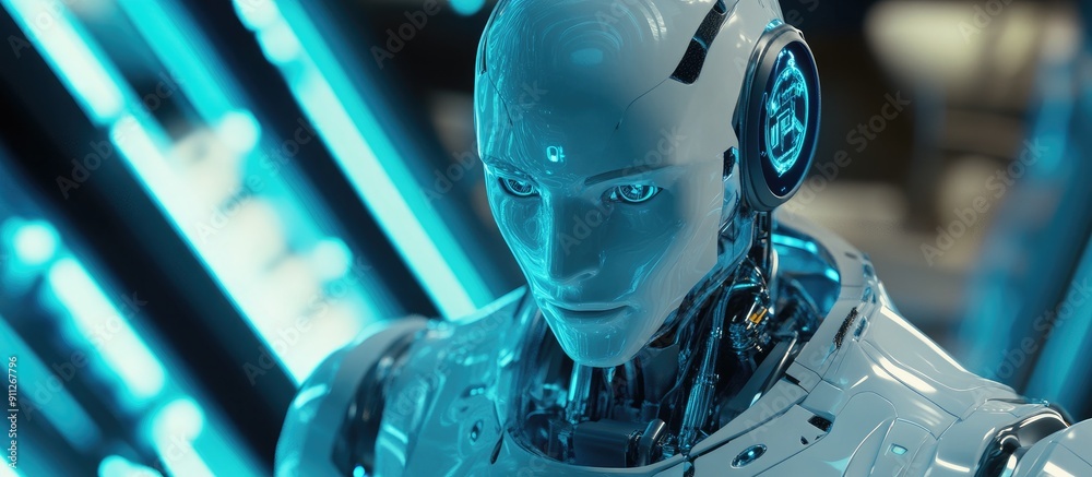 Poster confident ai robot navigating a high tech environment advanced 3d render of future technology