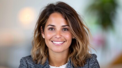 Obraz premium A smiling woman in a business suit, sitting on a stool, with a soft-focus background of an office environment