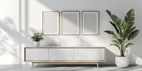 3 blank poster frames on a white wall, a sideboard with a marble top in front of the frames, a fiddle leaf fig plant beside the sideboard, a modern home interior design.