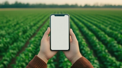 A hand holding a smartphone with a blank screen in front of a lush, green agricultural field. Perfect for showcasing farming technology or mobile apps in agriculture.