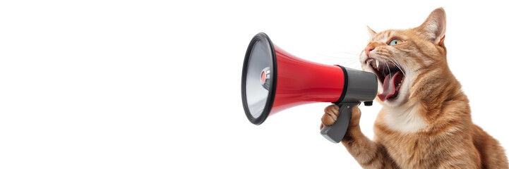 A ginger cat shouts into a megaphone, announcing discounts or promotional offers. Pet holds a bullhorn in its paw with free space for product placement or advertising text.