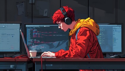 Obraz premium Developer coding late at night with coffee in workspace