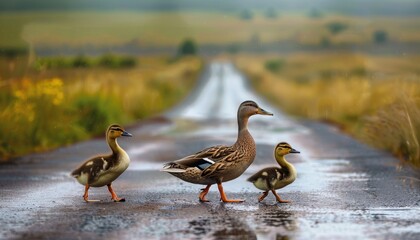 Duck Family Crosses Wet Country Road Under Overcast Sky During Morning Hours
