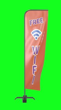 Vertical Free wifi flag flagpole feather green screen advertisement chroma key animation. 3d phone wallpaper	