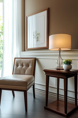 Fototapeta premium A large picture frame was hanging on the wall in an elegant living room, featuring white wainscoting and dark wood accents. A sleek wooden side table with a glass lamp stood beside it.