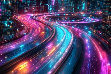 Fototapeta premium Seamless Distribution: Abstract Surreal Representation of Vibrant Transportation Logistics with Colorful Pathways and Moving Vehicles